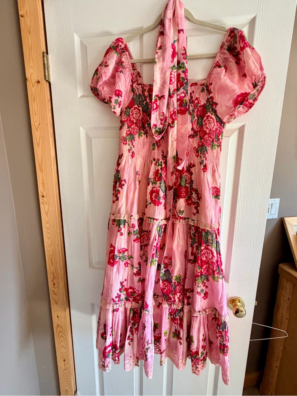 LoveShackFancy Pink Floral Tiered Dress with Puff Sleeves